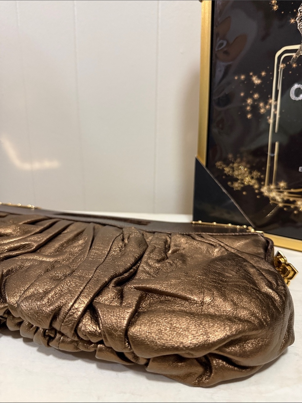 BCBGMAX Azria Bronze Metallic Pleated Wristlet Clutch with Gold Accents - Picture 5 of 11